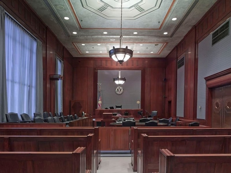 Inside of a courtroom showing the seating area for a jury panel